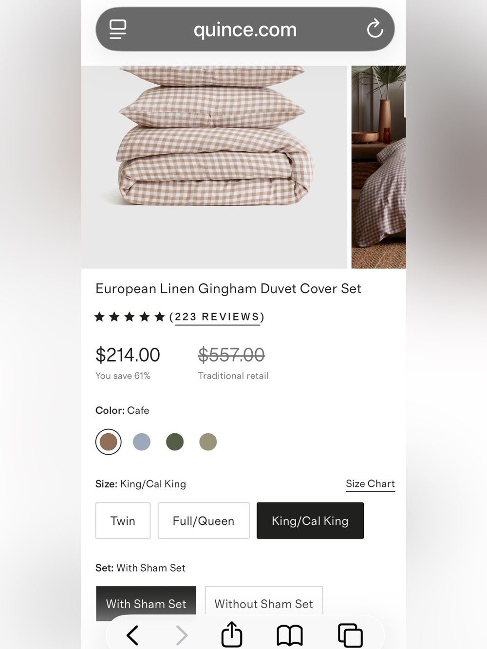 Quince European Linen 3 Piece Gingham Duvet Cover Set, King/Cal (Cafe/White) - Picture 2 of 5